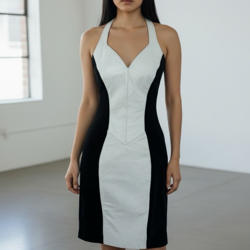Vintage Black and White Leather Halter Dress